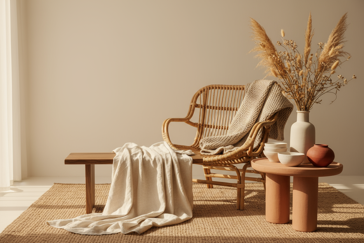 Create a full-width editorial-style image that visually captures Sol-Aura’s “Inspired Living” theme. The image should feel sunlit, boho, and elevated — combining soft neutrals, natural textures, and warm golden light. Include subtle lifestyle details such as linen, rattan, pottery, dried florals, or soft fabrics. The goal is to create an inviting, soulful moment that feels like a warm magazine spread — calm, modern, and effortlessly luxurious.

Style reference: clean layout with negative space for text over